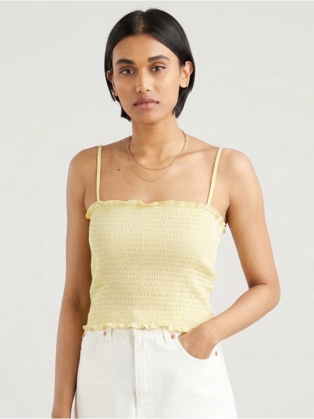 Levi's Pale Yellow Scrunchy Spaghetti Strap Crop Top